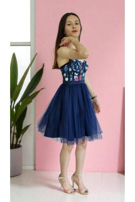 Lacivert Çiçek Desenli Mini Abiye Ve Gece Elbisesi - 8