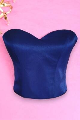 Lacivert Işık Saten Korse Büstiyer Hazır Beden Bağlamalı