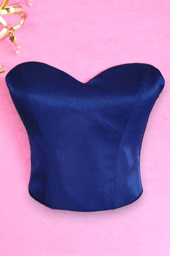 Lacivert Işık Saten Korse Büstiyer Hazır Beden Bağlamalı - 2