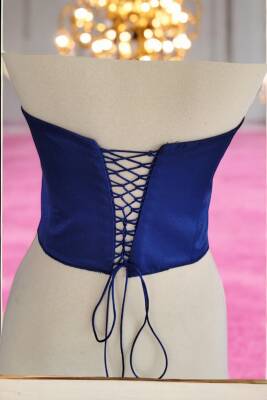 Lacivert Işık Saten Korse Büstiyer Hazır Beden Bağlamalı - 4