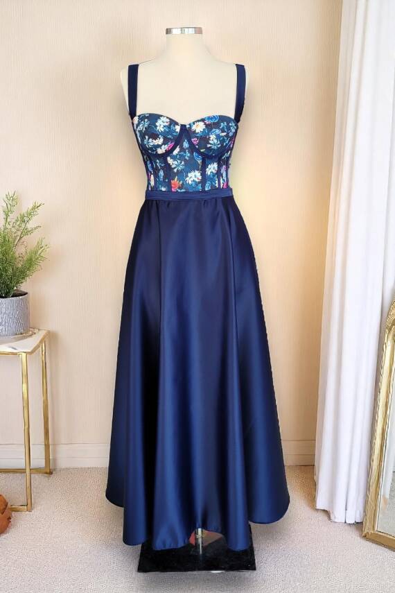 Lacivert Midi Boy Çiçek Desen Saten Etek Gece Ve Mezuniyet Elbisesi - 2