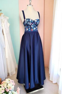 Lacivert Midi Boy Çiçek Desen Saten Etek Gece Ve Mezuniyet Elbisesi - 5