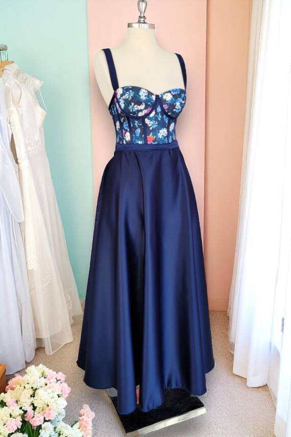 Lacivert Midi Boy Çiçek Desen Saten Etek Gece Ve Mezuniyet Elbisesi - 5