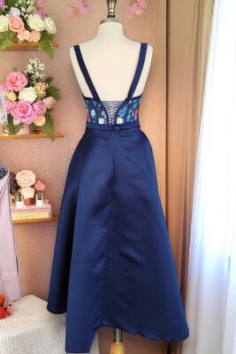 Lacivert Midi Boy Çiçek Desen Saten Etek Gece Ve Mezuniyet Elbisesi - 6