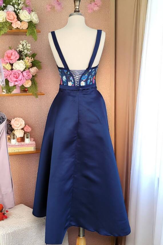 Lacivert Midi Boy Çiçek Desen Saten Etek Gece Ve Mezuniyet Elbisesi - 6