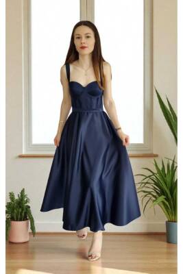 Lacivert Midi Boy Saten Gece Ve Mezuniyet Elbisesi - 2