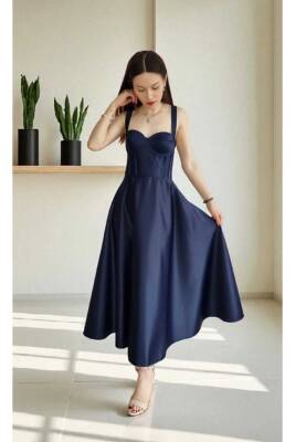 Lacivert Midi Boy Saten Gece Ve Mezuniyet Elbisesi - 3