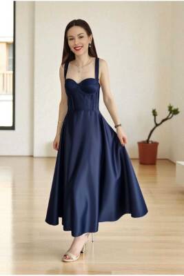 Lacivert Midi Boy Saten Gece Ve Mezuniyet Elbisesi - 5