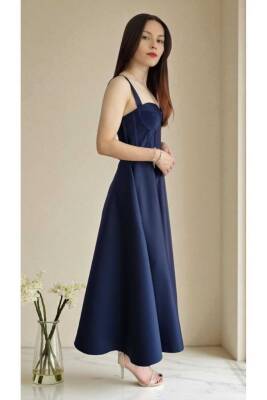 Lacivert Midi Boy Saten Gece Ve Mezuniyet Elbisesi - 6