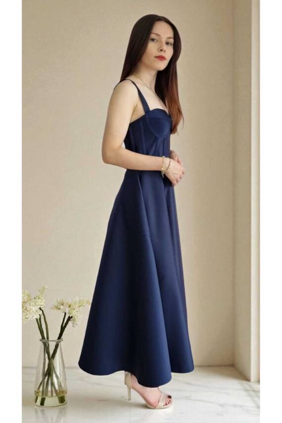 Lacivert Midi Boy Saten Gece Ve Mezuniyet Elbisesi - 6