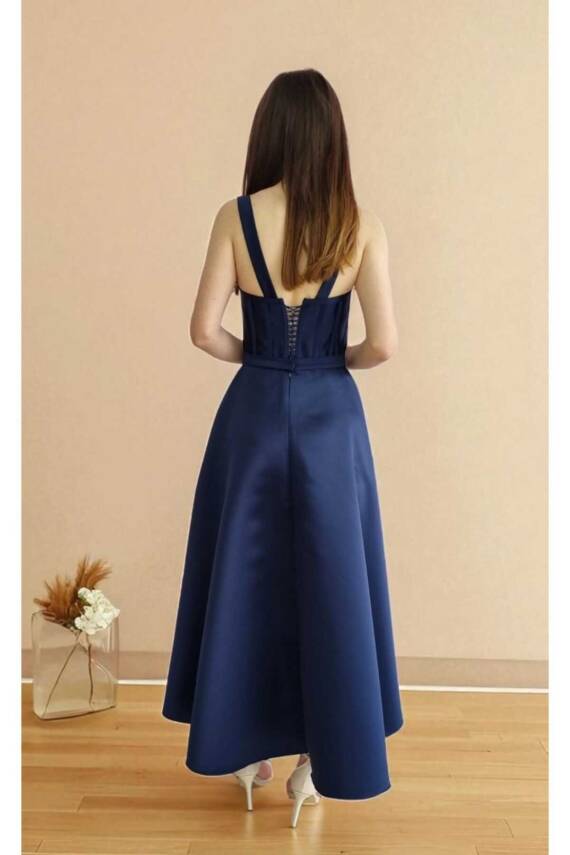 Lacivert Midi Boy Saten Gece Ve Mezuniyet Elbisesi - 7