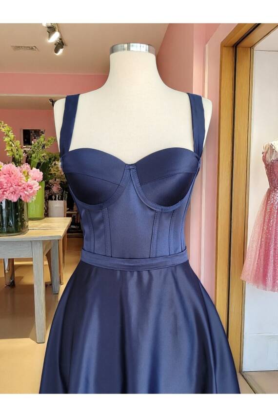 Lacivert Midi Boy Saten Gece Ve Mezuniyet Elbisesi - 8