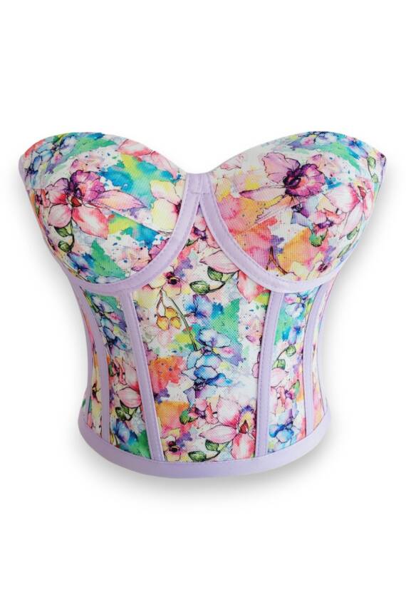 Lila Çiçek Desenli Bağlamalı Korse Büstiyer - 1
