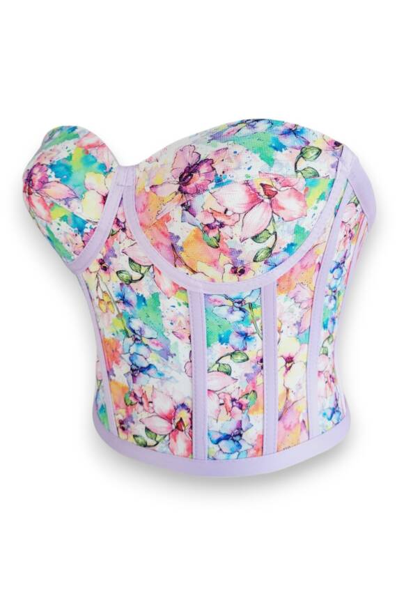 Lila Çiçek Desenli Bağlamalı Korse Büstiyer - 3
