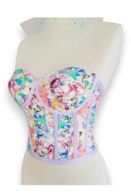 Lila Çiçek Desenli Bağlamalı Korse Büstiyer - 4