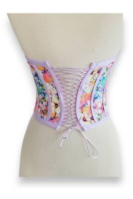 Lila Çiçek Desenli Bağlamalı Korse Büstiyer - 5