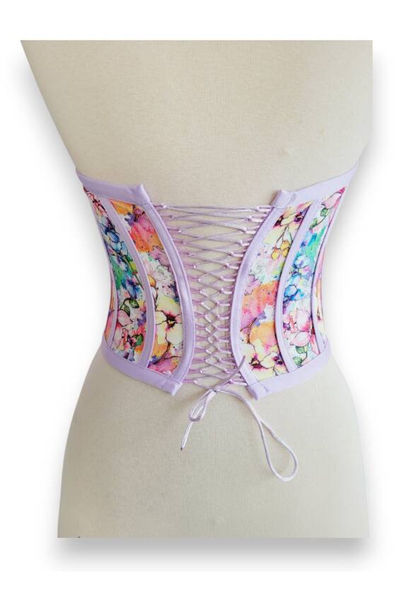 Lila Çiçek Desenli Bağlamalı Korse Büstiyer - 5