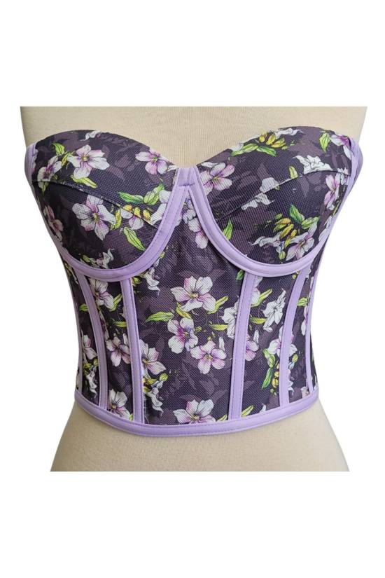 Lilac Floral Patterned Tie-Up Corset Bustier - 1