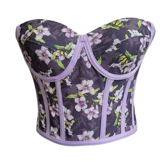 Lilac Floral Patterned Tie-Up Corset Bustier - 0