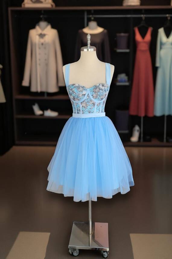 Mavi Kuş Desenli Mini Abiye Ve Gece Elbisesi - 1