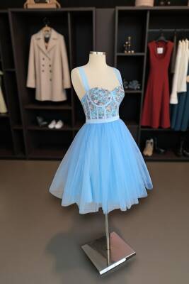 Mavi Kuş Desenli Mini Abiye Ve Gece Elbisesi - 3