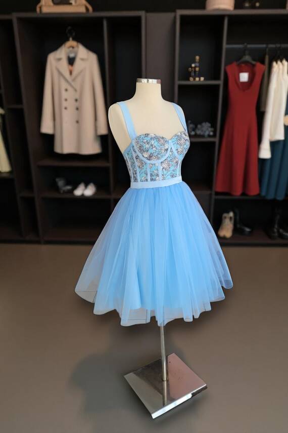 Mavi Kuş Desenli Mini Abiye Ve Gece Elbisesi - 3