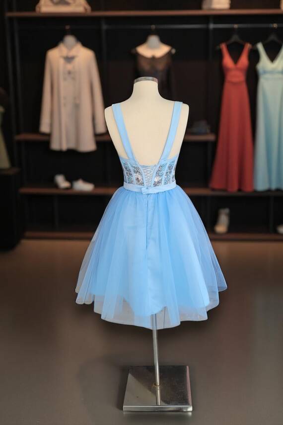 Mavi Kuş Desenli Mini Abiye Ve Gece Elbisesi - 6