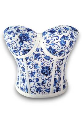 Oryantal Mavi Çiçek Desenli Bağlamalı Korse Büstiyer 2713 - 2