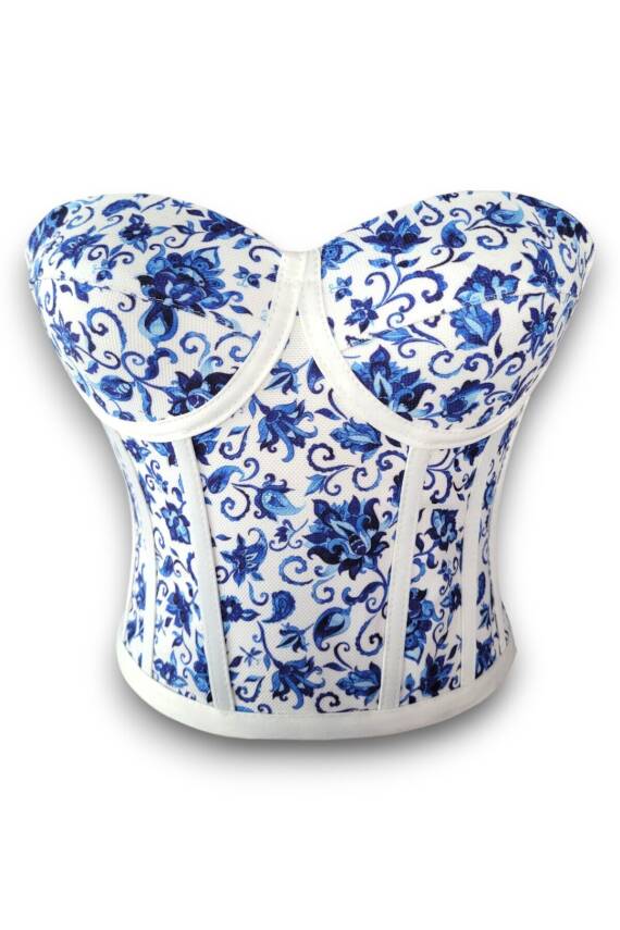 Oryantal Mavi Çiçek Desenli Bağlamalı Korse Büstiyer 2713 - 2