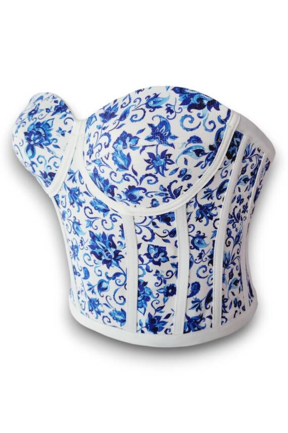 Oryantal Mavi Çiçek Desenli Bağlamalı Korse Büstiyer 2713 - 3