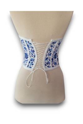 Oryantal Mavi Çiçek Desenli Bağlamalı Korse Büstiyer 2713 - 5