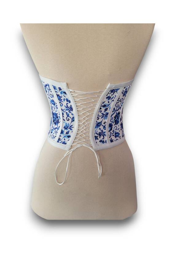 Oryantal Mavi Çiçek Desenli Bağlamalı Korse Büstiyer 2713 - 5