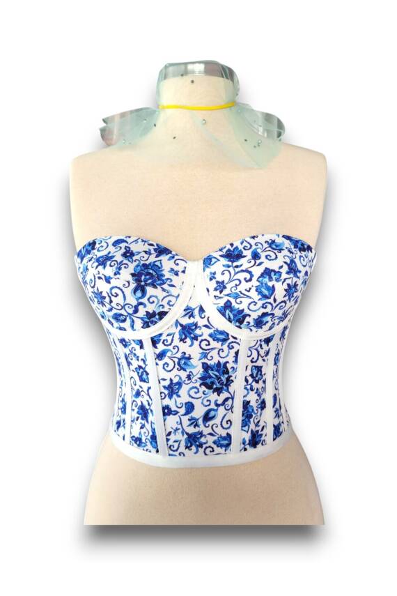 Oryantal Mavi Çiçek Desenli Bağlamalı Korse Büstiyer 2713 - 6