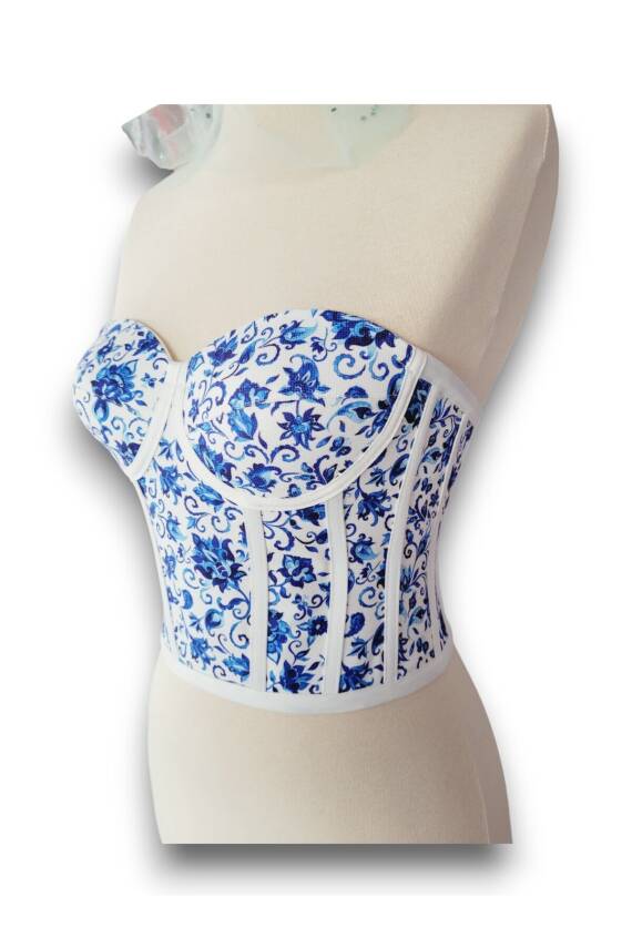 Oryantal Mavi Çiçek Desenli Bağlamalı Korse Büstiyer 2713 - 7