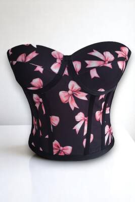 Pembe Fiyonk Desenli Bağlamalı Siyah Korse Büstiyer 3200