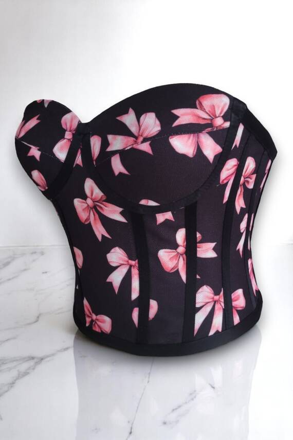 Pembe Fiyonk Desenli Bağlamalı Siyah Korse Büstiyer 3200 - 3