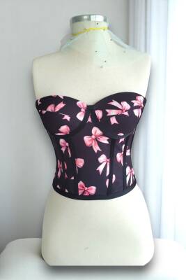 Pembe Fiyonk Desenli Bağlamalı Siyah Korse Büstiyer 3200 - 6