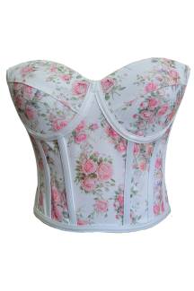 Pink Rose Patterned Tie-Up Corset Bustier
