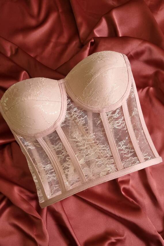 Pudra Dantel Balenli Bağlamalı Büstiyer Hazır Beden - 1