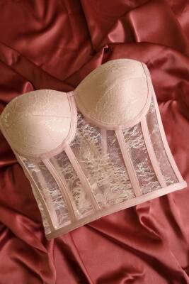 Pudra Dantel Balenli Bağlamalı Büstiyer Hazır Beden - 2