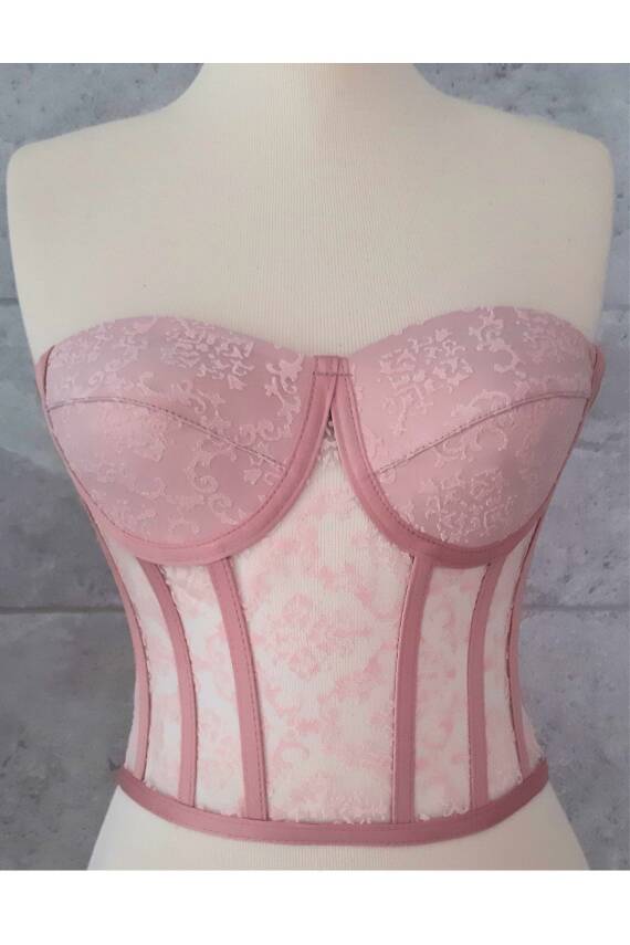 Pudra Desenli Transparan Bağlamalı Büstiyer Hazır Beden - 1