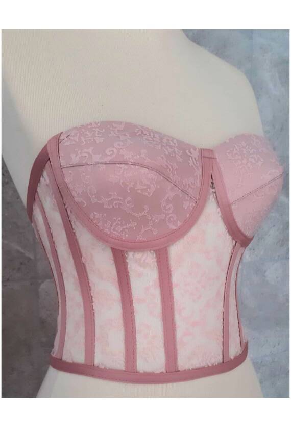 Pudra Desenli Transparan Bağlamalı Büstiyer Hazır Beden - 3
