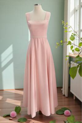 Pudra Kare Yaka Saten Abiye Elbise Maxi Boy - 13