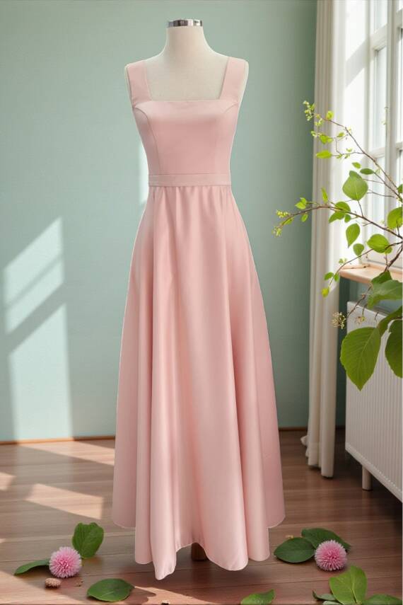 Pudra Kare Yaka Saten Abiye Elbise Maxi Boy - 13