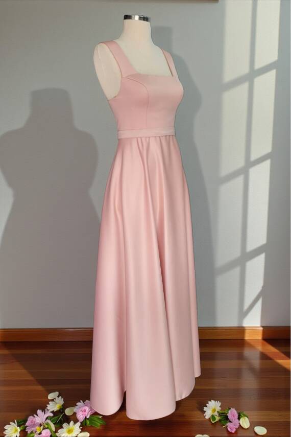 Pudra Kare Yaka Saten Abiye Elbise Maxi Boy - 8