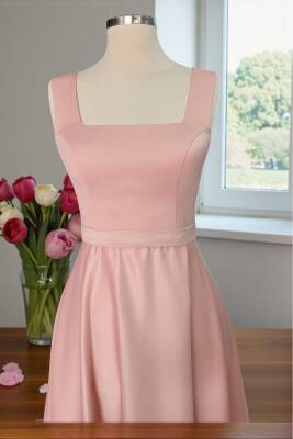 Pudra Kare Yaka Saten Abiye Elbise Maxi Boy - 5