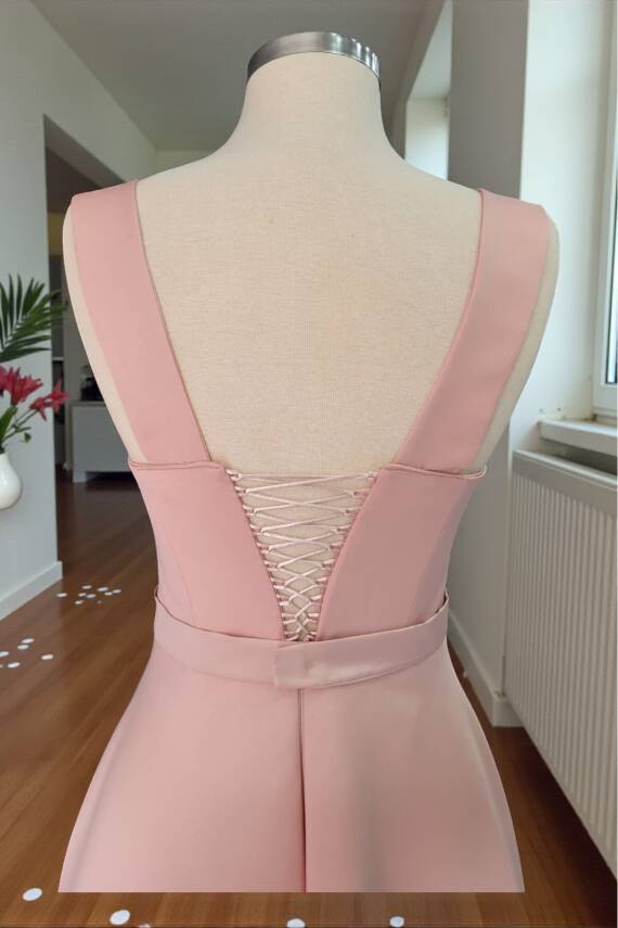 Pudra Kare Yaka Saten Abiye Elbise Maxi Boy - 6