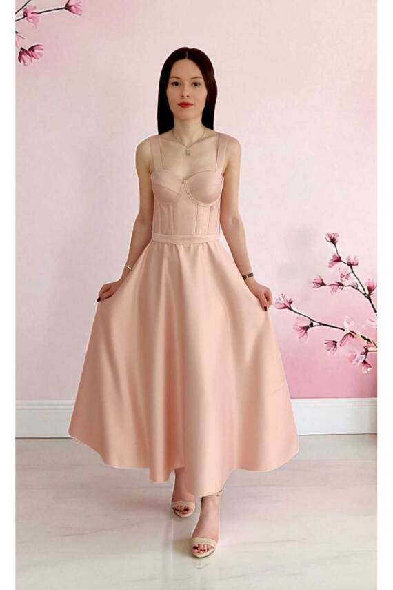 Pudra Midi Boy Saten Gece Ve Mezuniyet Elbisesi - 3