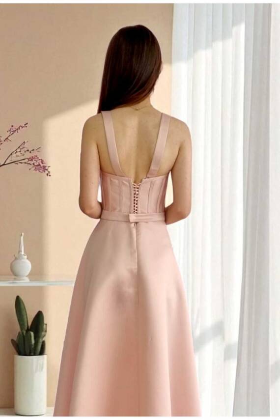 Pudra Midi Boy Saten Gece Ve Mezuniyet Elbisesi - 7