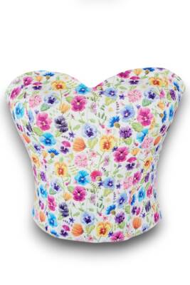 Renkli Menekşe Desenli Balenli Büstiyer